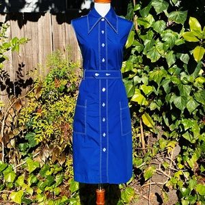 1970s Never Iron Navy Blue Mod Belted Shirt Dress